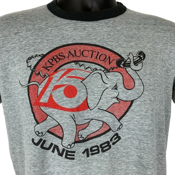 Vintage 80s KPBS Auction T Shirt Mens M Medium Gray Telethon Elephant San Diego - Picture 1 of 9